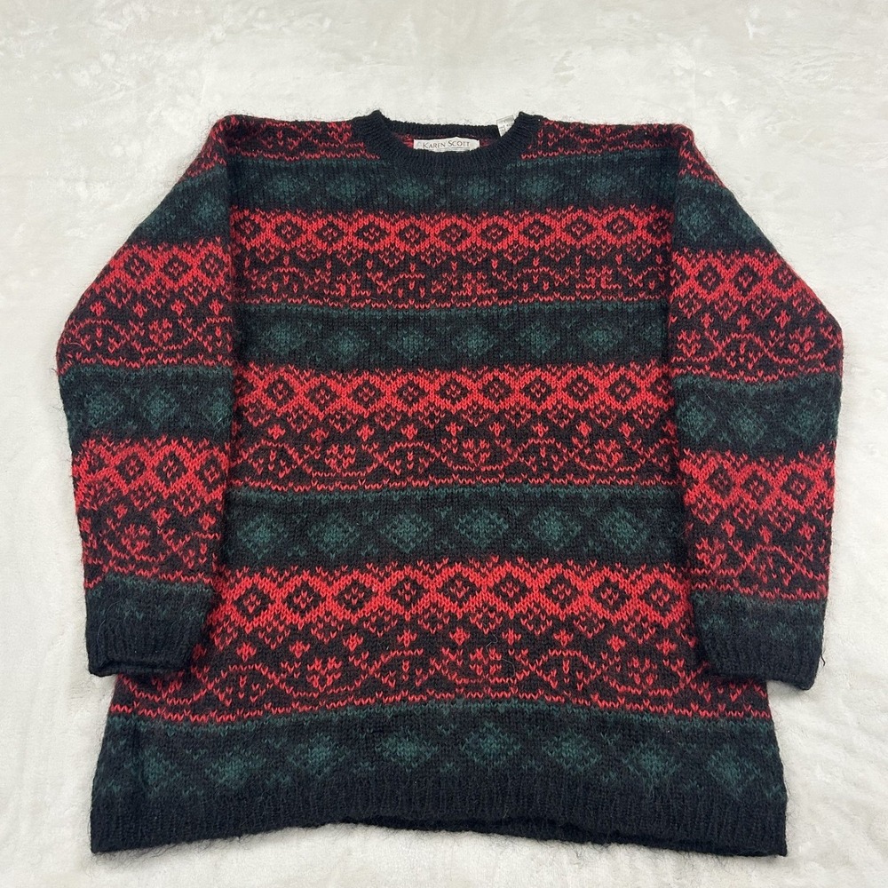 Karen Scott Fair Isle mohair Sweater Womens M Red Knit Crew Neck Long Sleeve